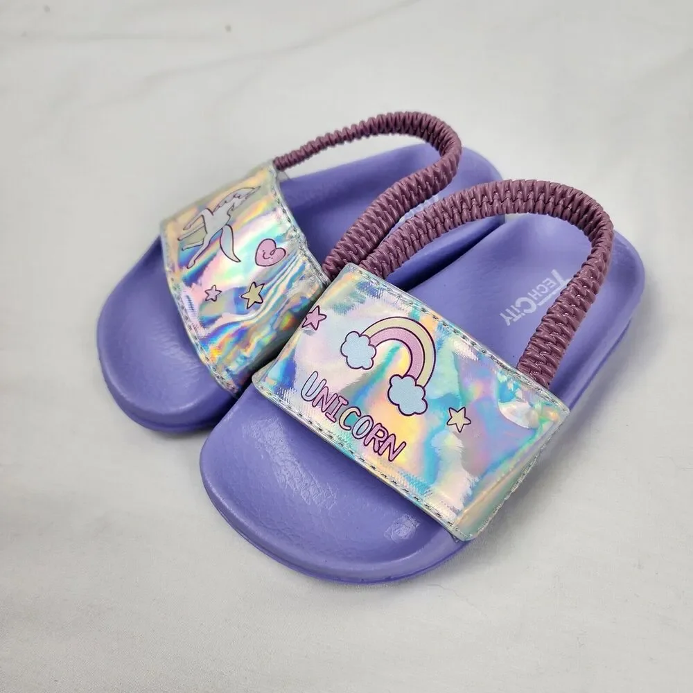Girls Size 9.5-10 Kids Unicorn Sandals with Strap Slip-On Silver Iridescent NEW